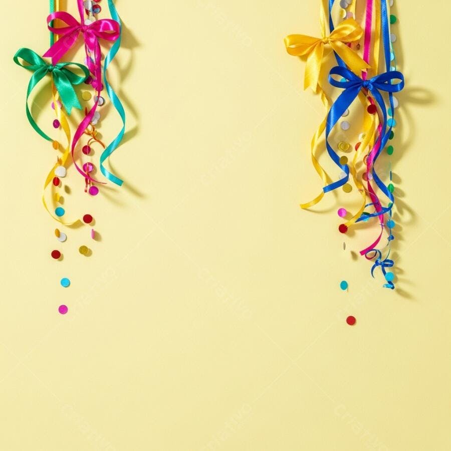 Fitas coloridas e confete festivo em fundo amarelo vibrante