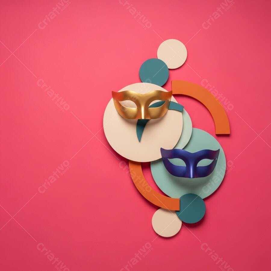 Máscaras de carnaval dourada e azul em fundo rosa com formas geométricas