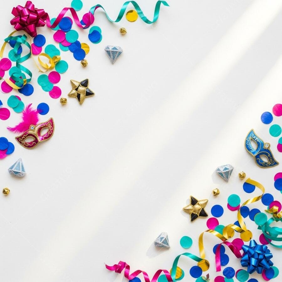 Decoração de festa confetes coloridos máscaras e fitas vibrantes