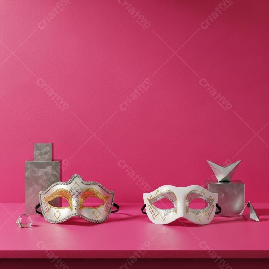 Máscaras de carnaval branca e dourada sobre mesa rosa vibrante
