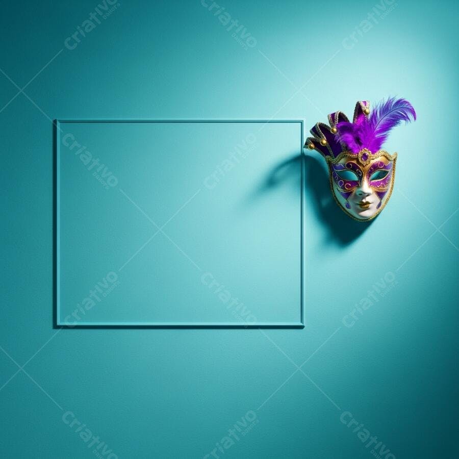 Mascara de carnaval roxa dourada flutuando com moldura turquesa vibrante