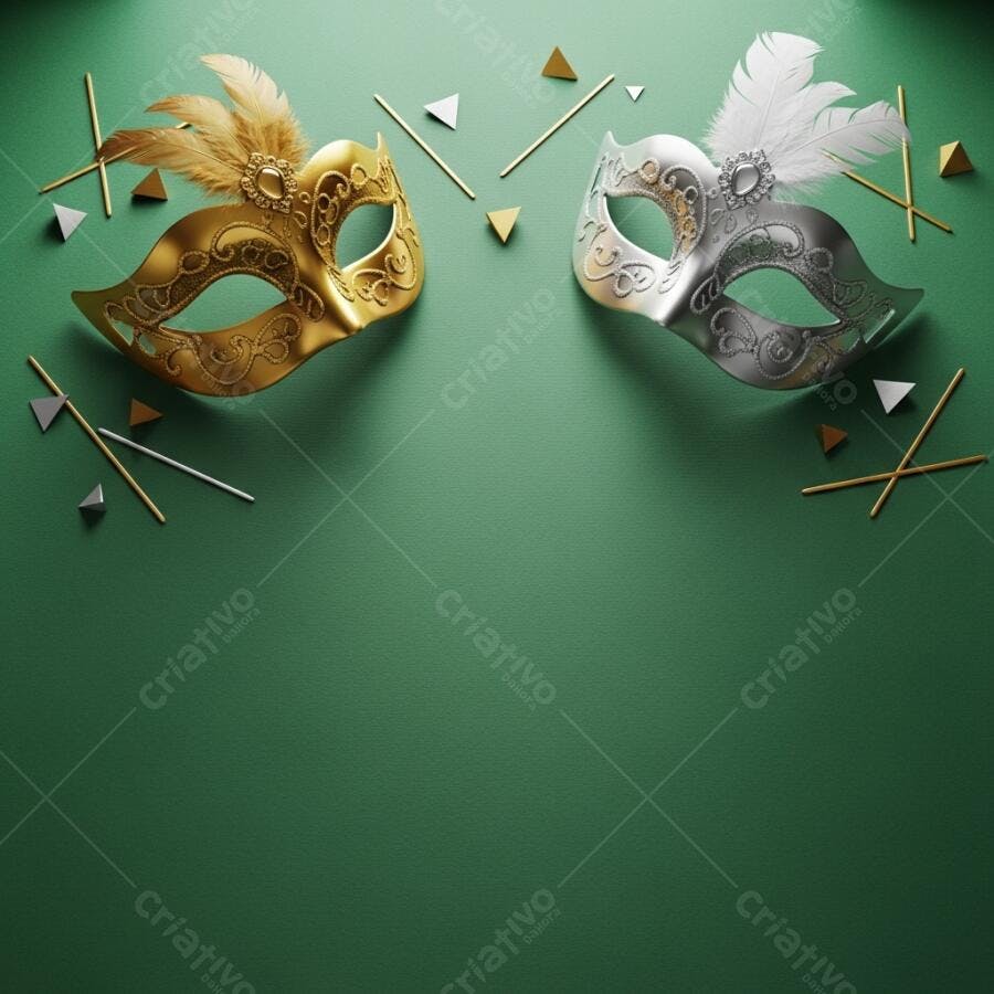 Máscaras de carnaval dourada e prateada com penas em fundo verde escuro luxuoso