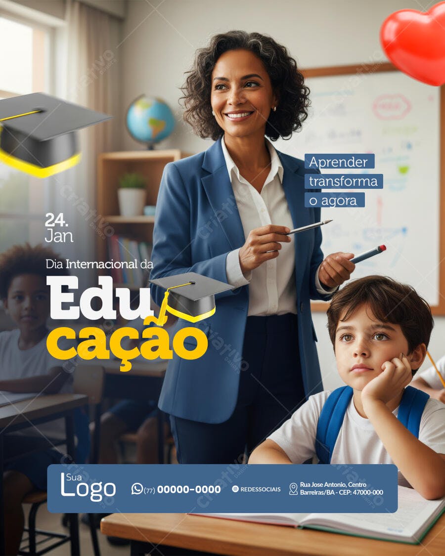 Post Redes Sociais Dia da Educação Professora e Alunos em Sala de Aula PSD Editável