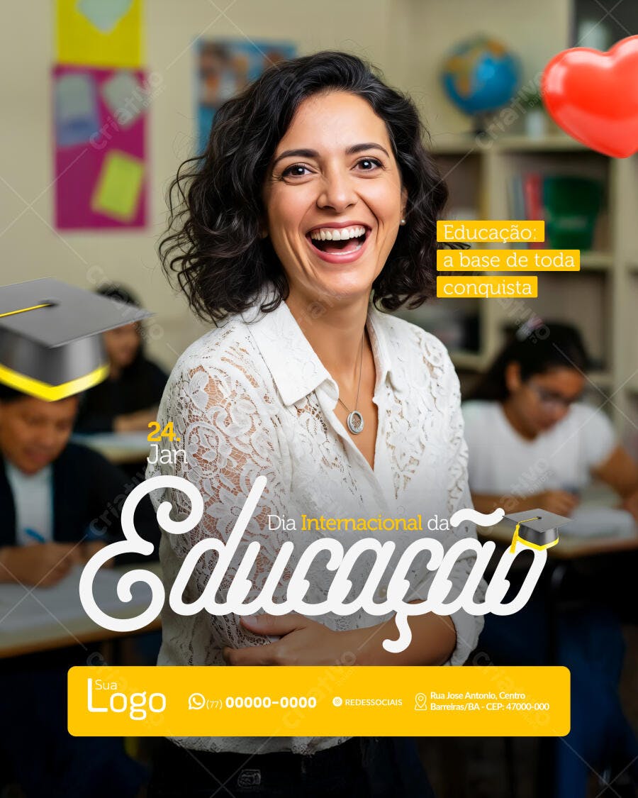 Flyer Dia Internacional da Educação com Professora Sorrindo PSD Editável