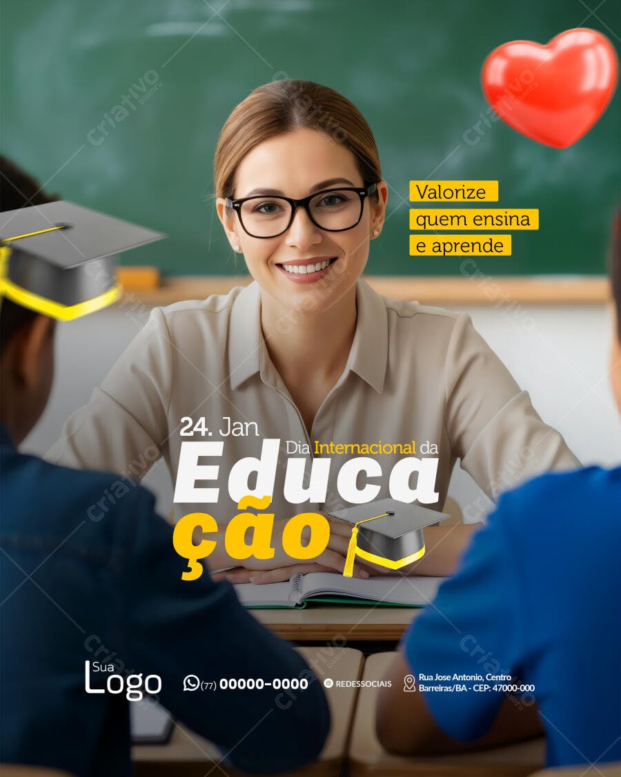 Post Dia Internacional da Educação Professora Sorrindo e Alunos PSD Editável