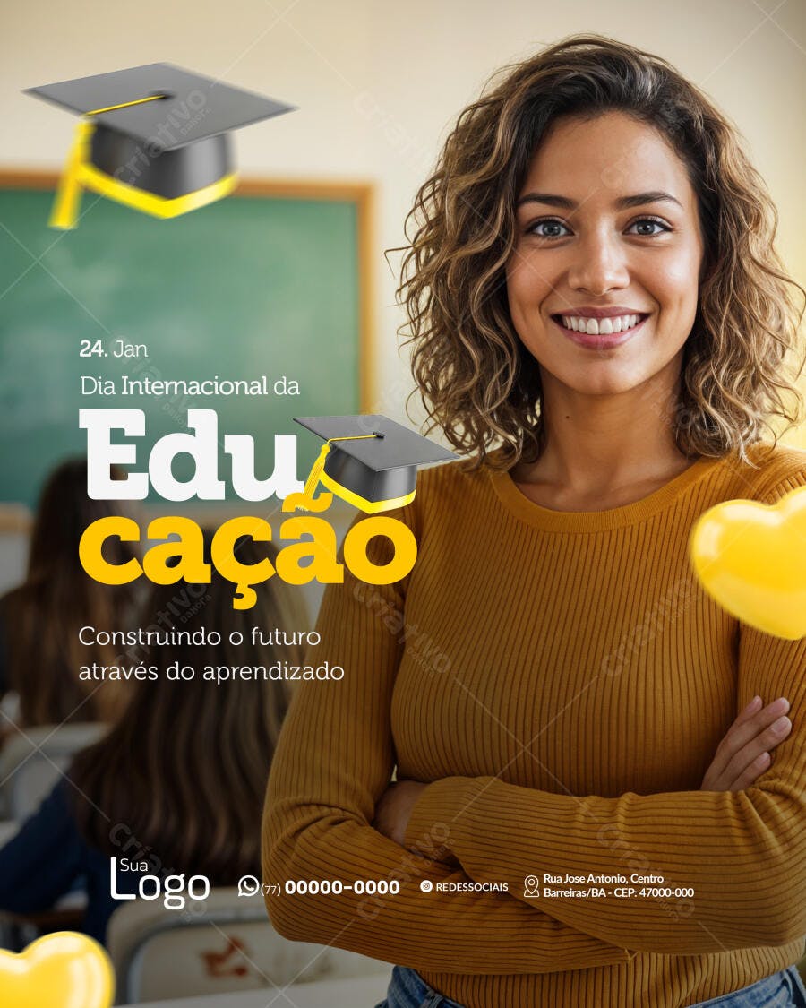 Flyer Dia Internacional da Educação com Mulher Sorridente PSD Editável