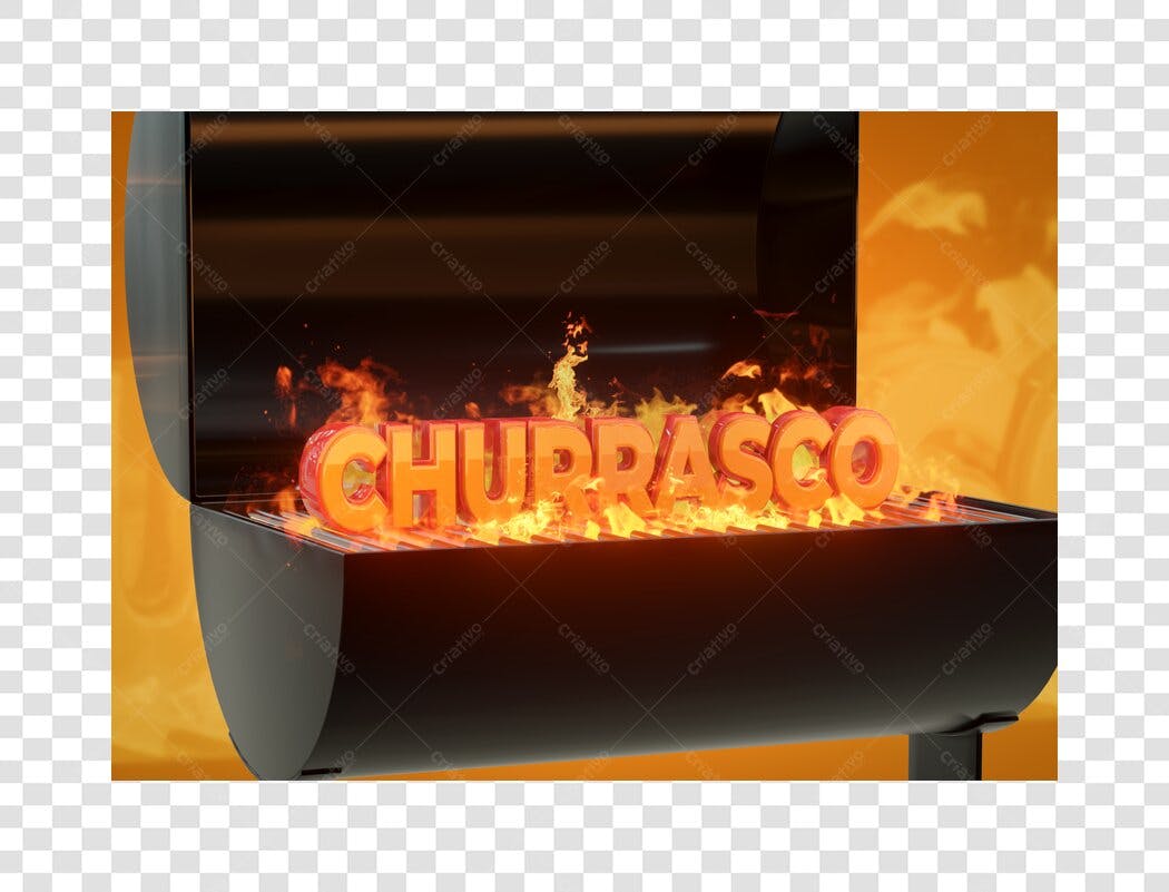 Título 3D Churrasco com Chamas Laranja em Churrasqueira PNG com fundo transparente