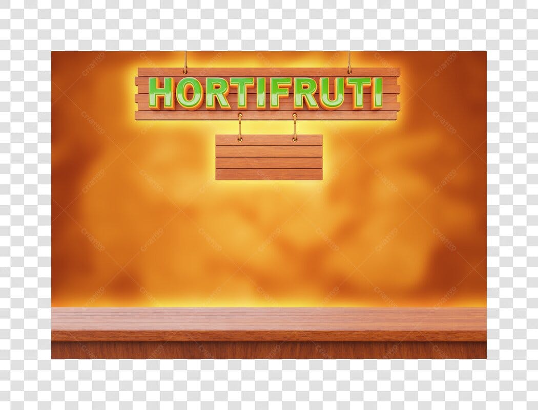Placa de Hortifruti luminosa com balcão de madeira PNG com fundo transparente
