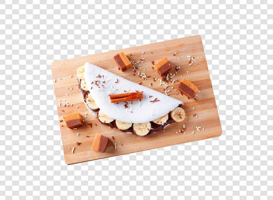 Foto Tapioca Banana Chocolate Doce de Leite Tábua Madeira PNG com fundo transparente
