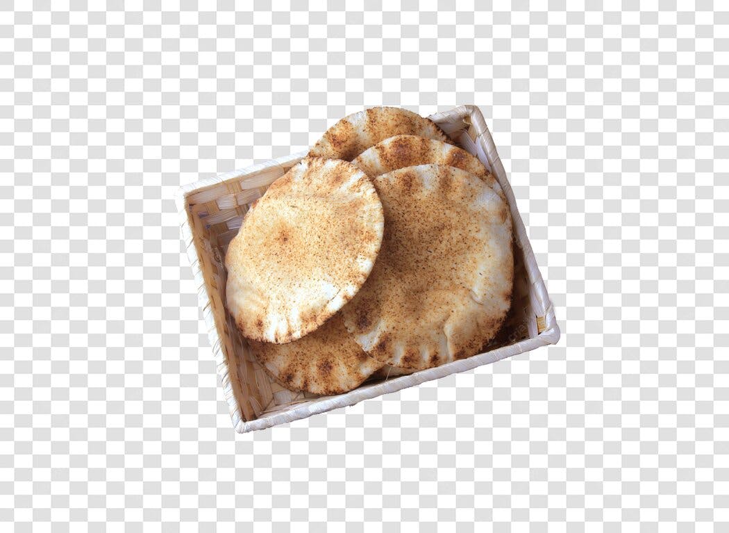 Imagem Pão Pita Árabe em Cesta de Vime Textura Rústica PNG com fundo transparente