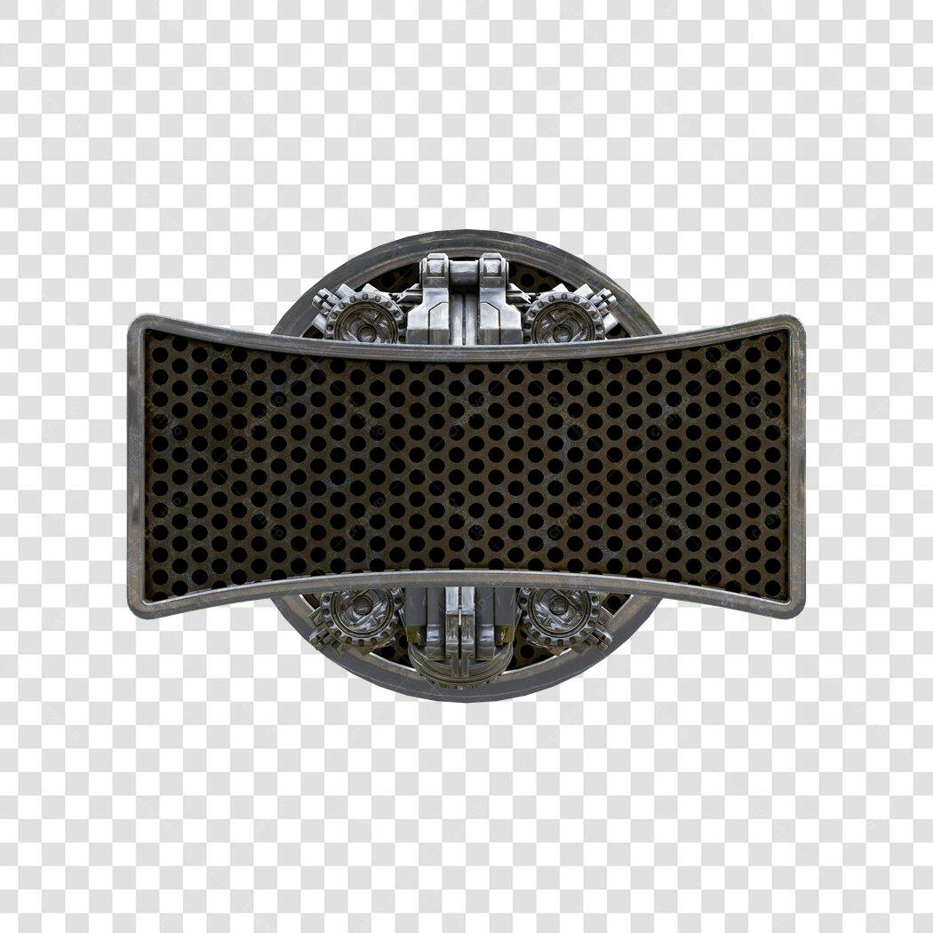 Placa metálica industrial steampunk 3D cinza escura PNG com fundo transparente