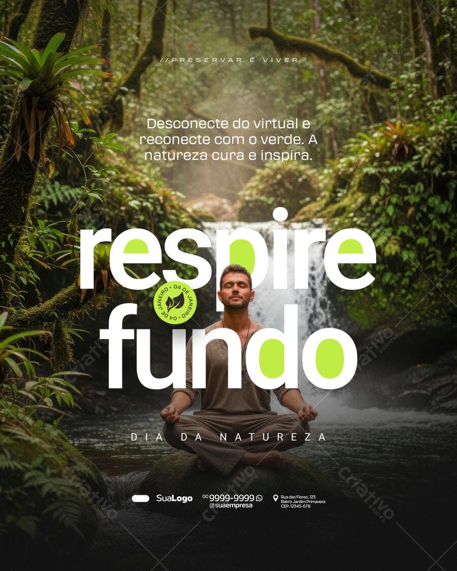 Flyer Dia da Natureza Respire Fundo Homem Meditando PSD Editável