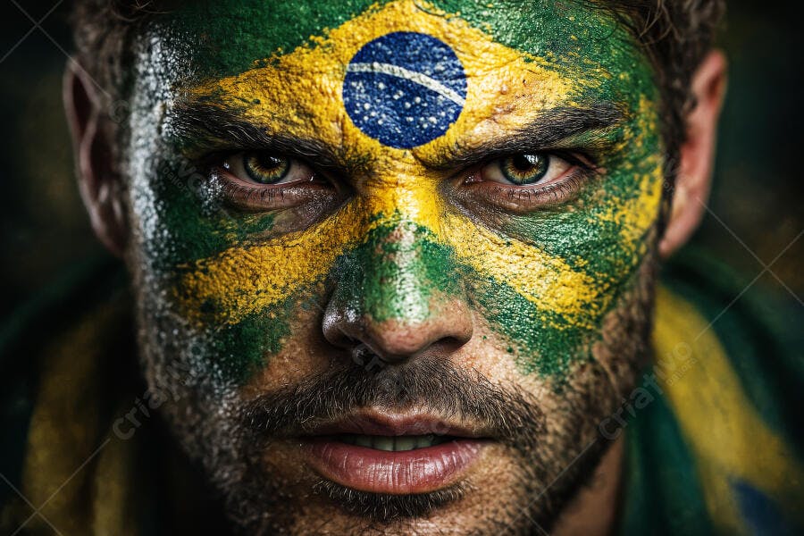 Homem rosto pintado cores da bandeira do Brasil com olhos verdes intensos
