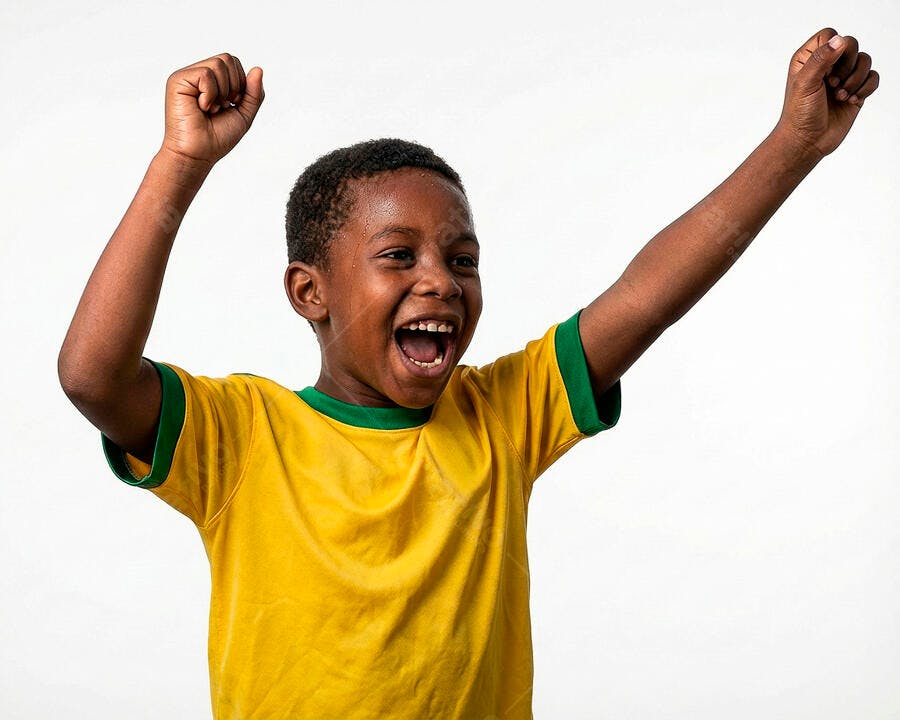 Menino negro exultante com camisa do Brasil celebrando vitória