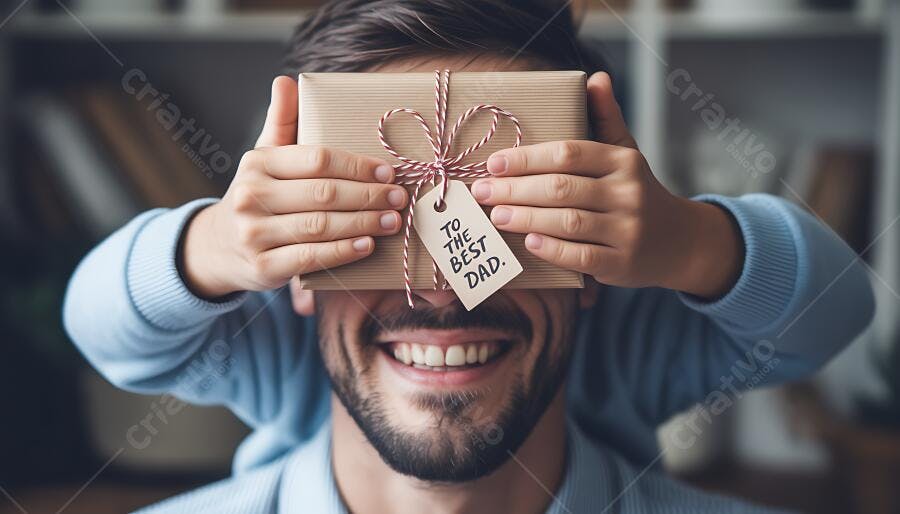 Pai feliz recebendo presente surpresa com tag "Para o Melhor Pai" em casa
