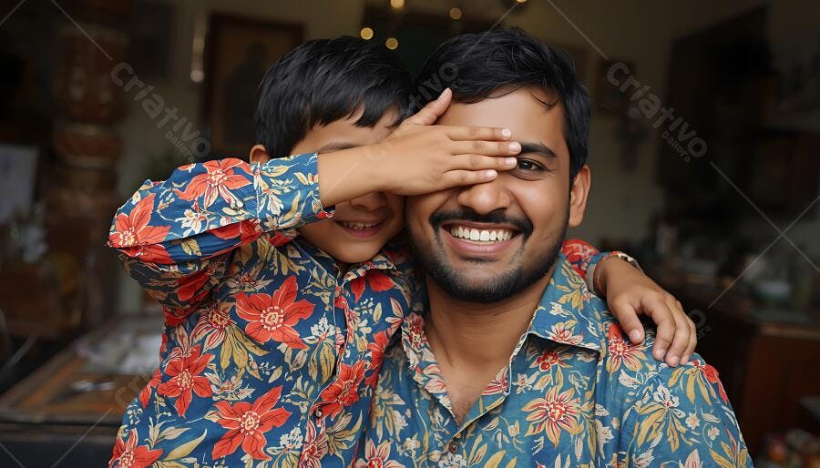 Pai e filho indianos sorrindo brincando de esconder o rosto em casa