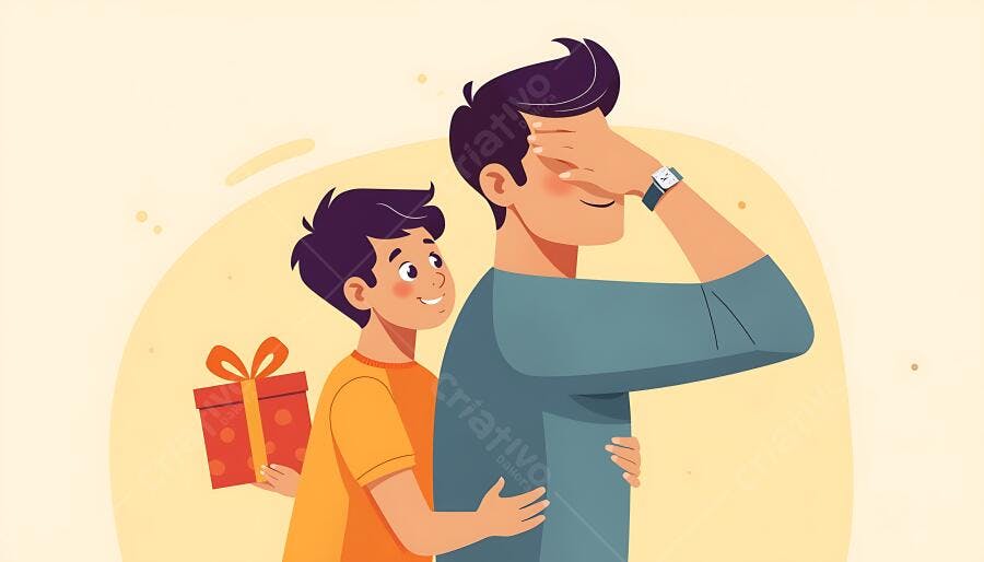 Menino surpreendendo pai com presente de aniversário ilustração