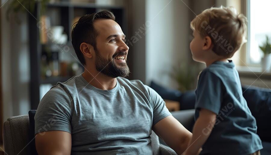 Homem barbudo sorrindo para filho pequeno em casa