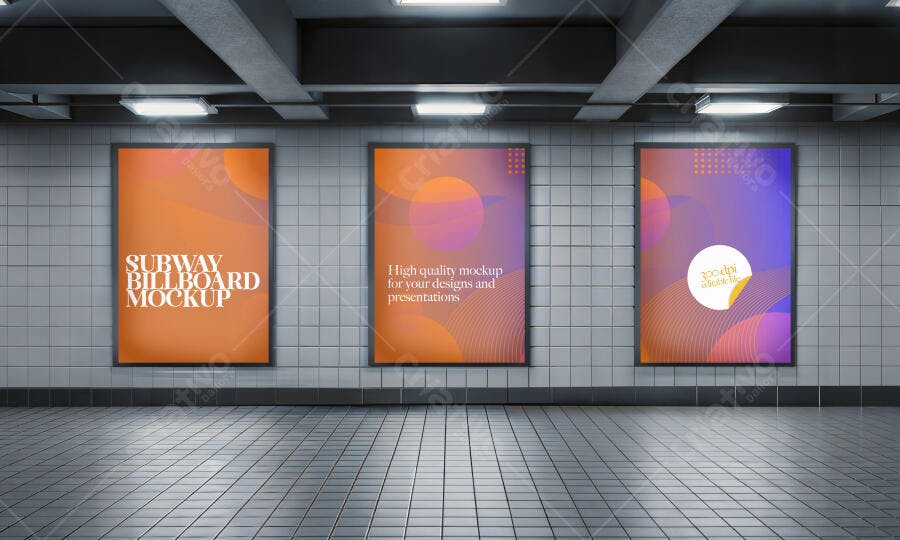 Mockup de 3 Billboards Verticais em Estação de Metrô Urbana Realista