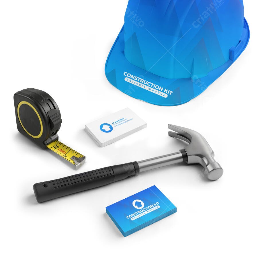 Mockup Kit de Construção Profissional Capacete Azul, Martelo, Trena e Cartões