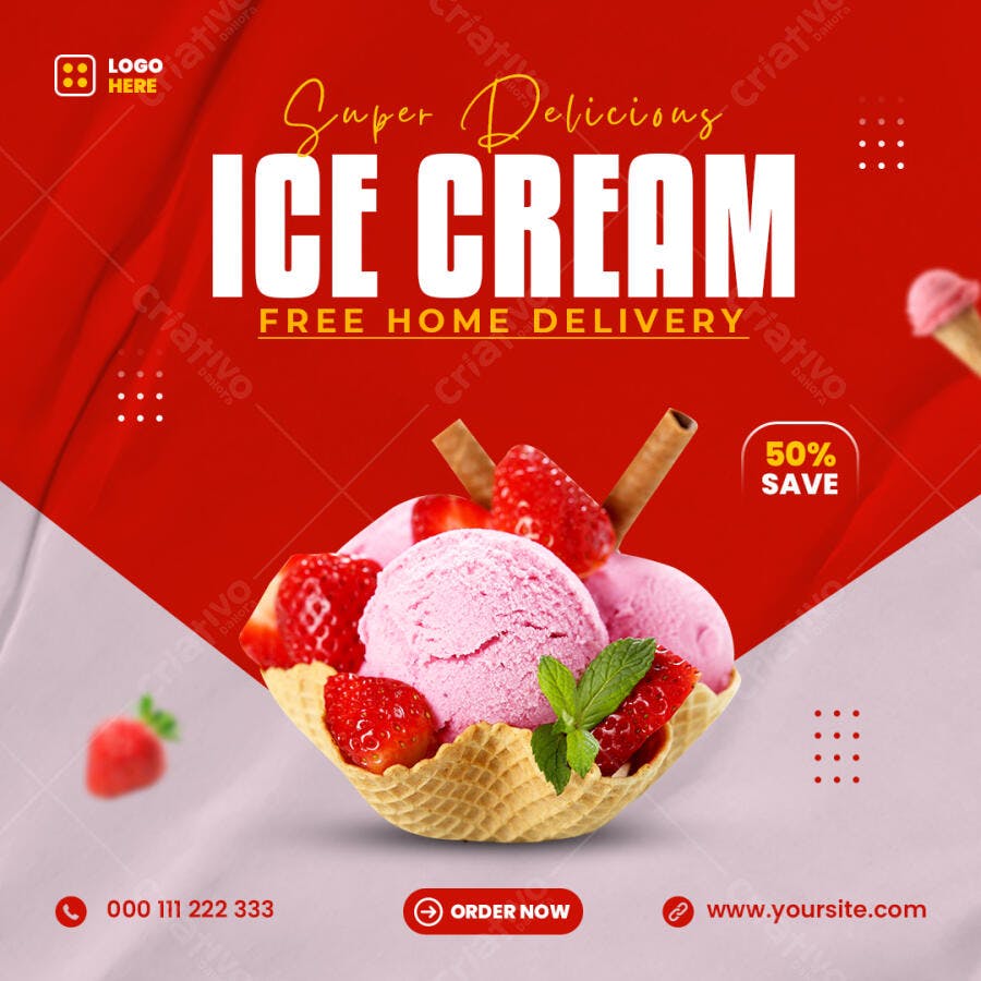 Flyer para Sorveteria ICE CREAM Morango Psd Editável