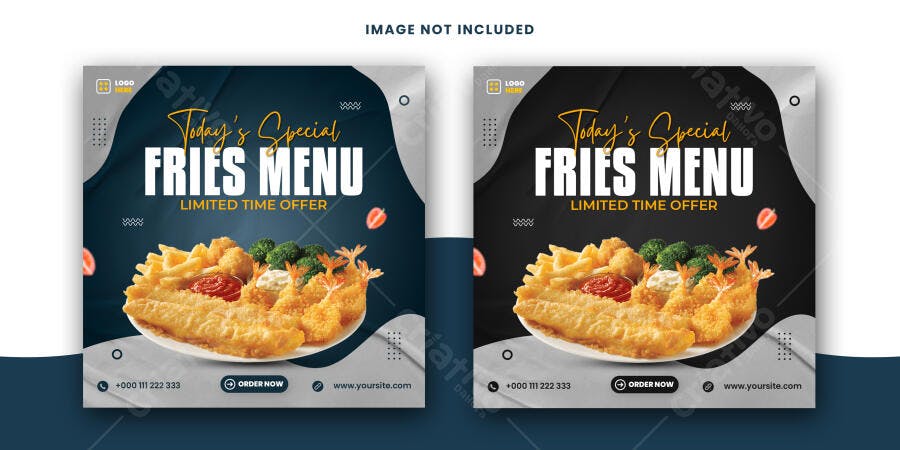 Post Redes Sociais Menu Fritas Peixe e Camarão Frito PSD Editável