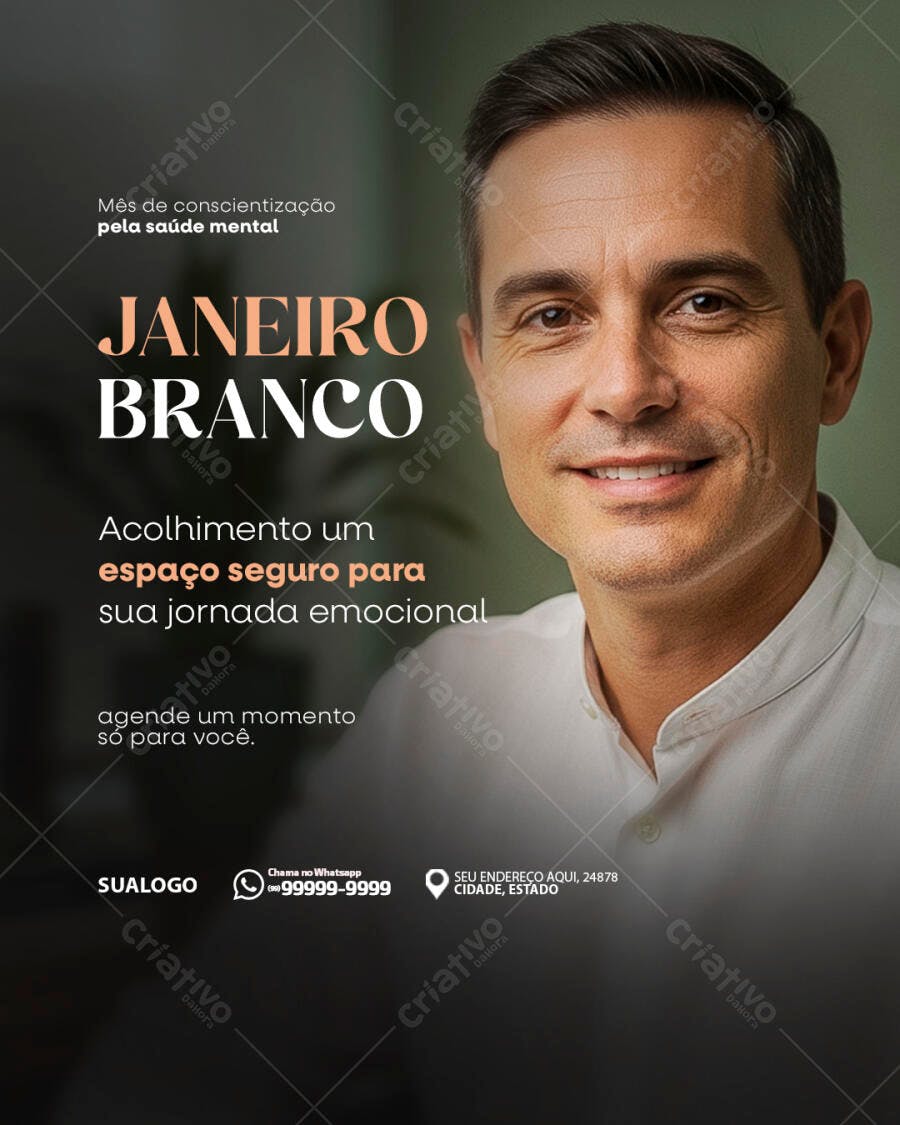 Flyer Janeiro Branco Saúde Mental Homem Sorrindo PSD Editável