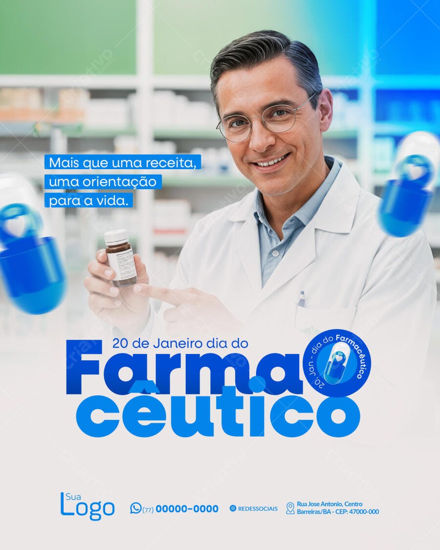 Flyer Dia do Farmacêutico 20 de Janeiro PSD Editável