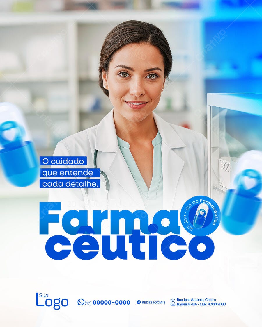 Flyer Dia do Farmacêutico Mulher Profissional Psd Editável