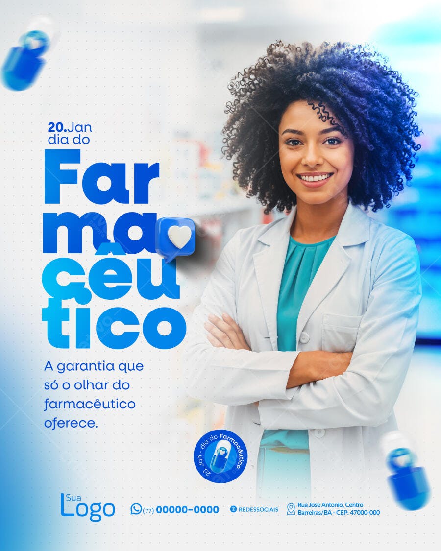 Flyer Dia do Farmacêutico 20 de Janeiro PSD Editável