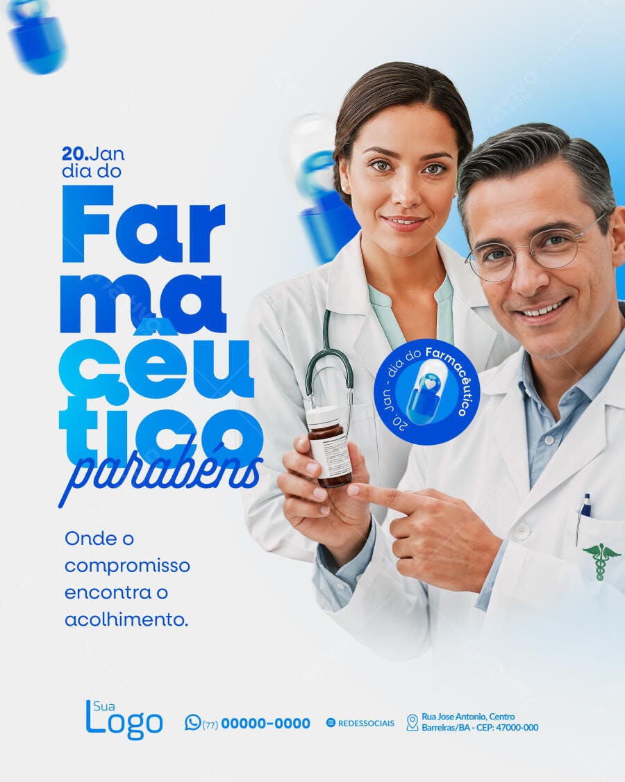Flyer Dia do Farmacêutico 20 de Janeiro com Profissionais PSD Editável