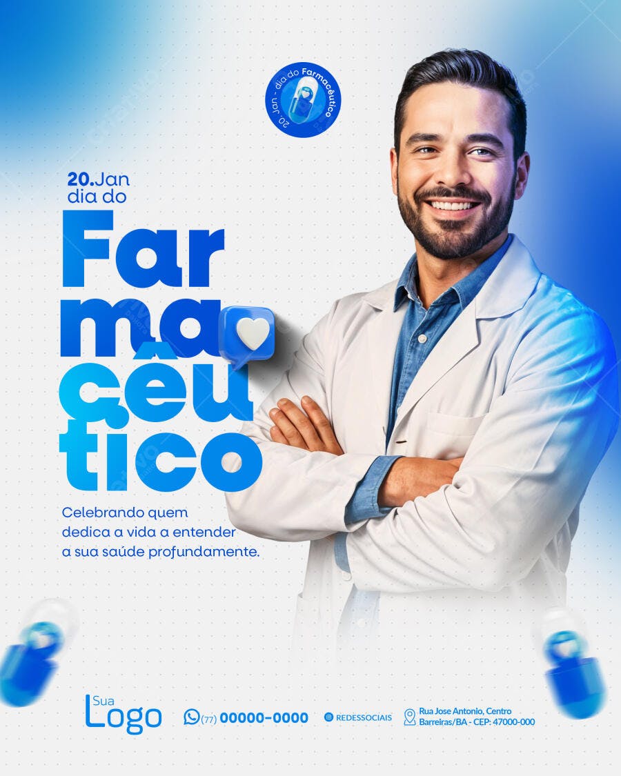Social Media Post Dia do Farmacêutico Homem Sorrindo PSD Editável
