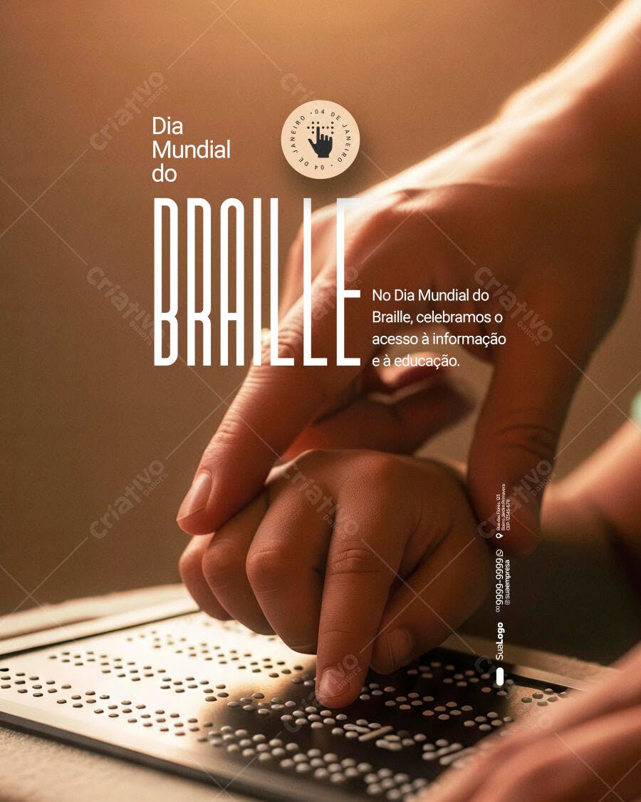 Flyer Dia Mundial do Braille Mãos Criança Adulto PSD Editável