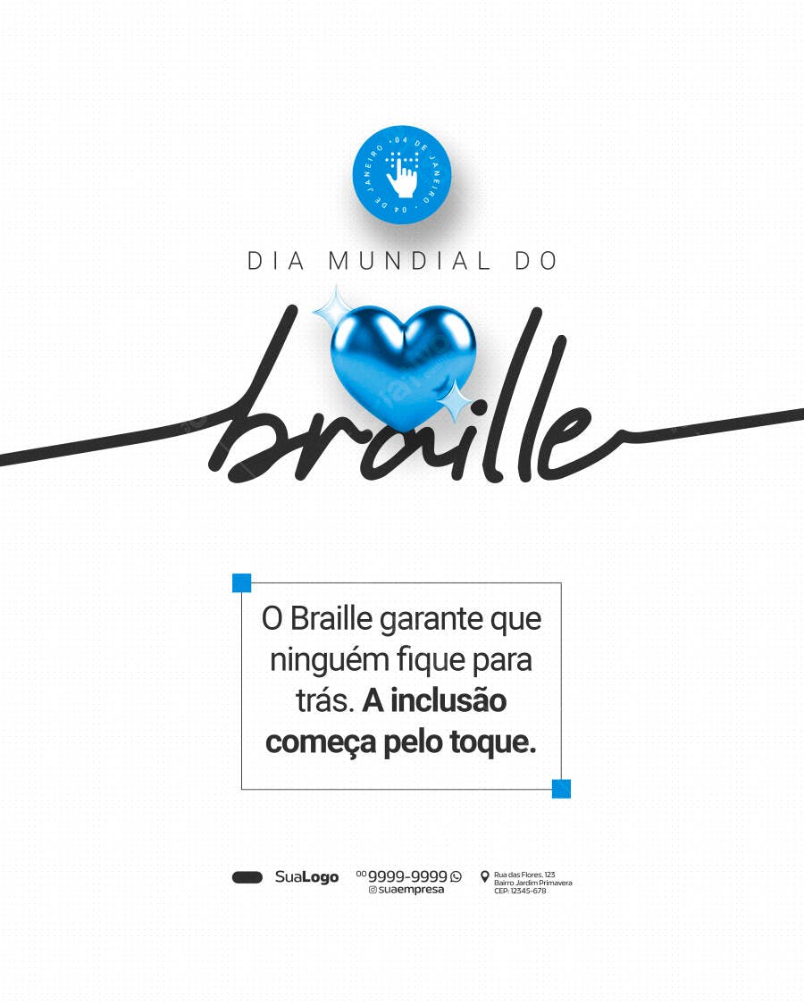 Flyer Dia Mundial do Braille Coração Azul e Inclusão PSD Editável