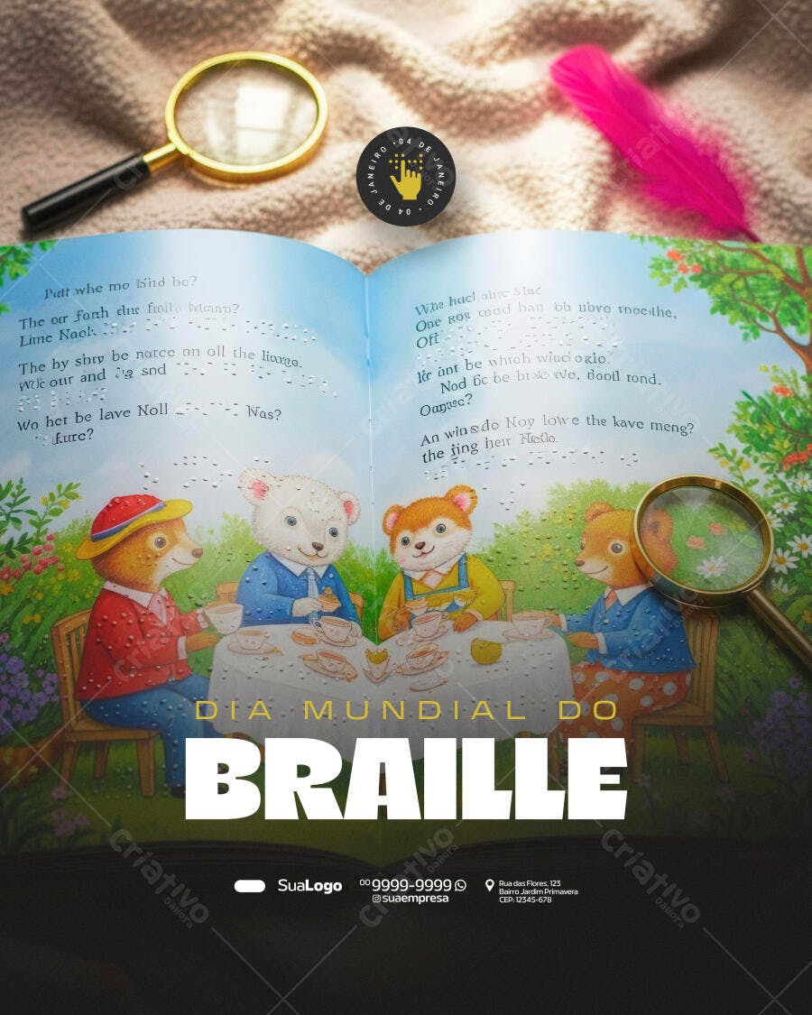 Flyer Dia Mundial do Braille com Livro Infantil, Lupa e Ursos PSD Editável