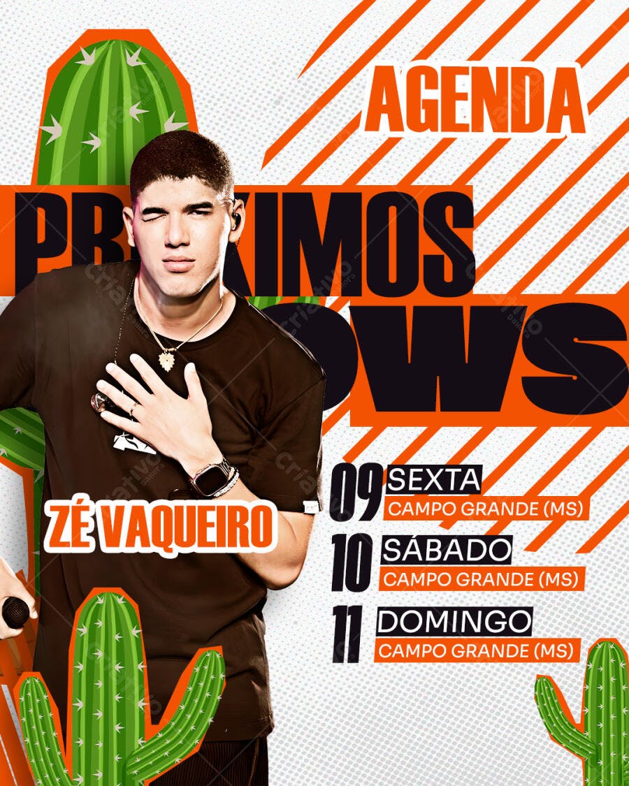 Flyer Próximos Shows Zé Vaqueiro Sertanejo Campo Grande PSD Editável