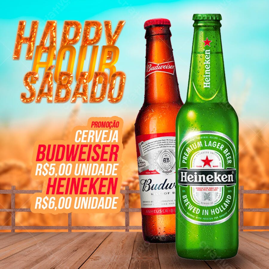 Flyer Happy Hour Sábado Promoção Cervejas Budweiser Heineken PSD Editável