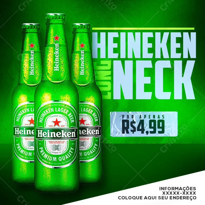 Flyer Promoção Cerveja Heineken Neck R$4,99 PSD Editável