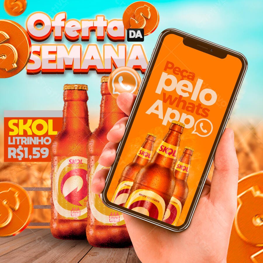 Flyer Digital Oferta Skol Litrinho Cerveja WhatsApp PSD Editável