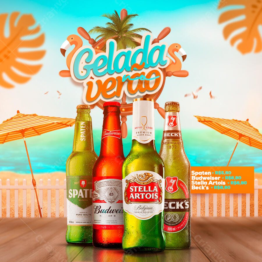 Post Bebidas Geladas Verão Cervejas Spaten Budweiser Stella Artois Beck's PSD Editável