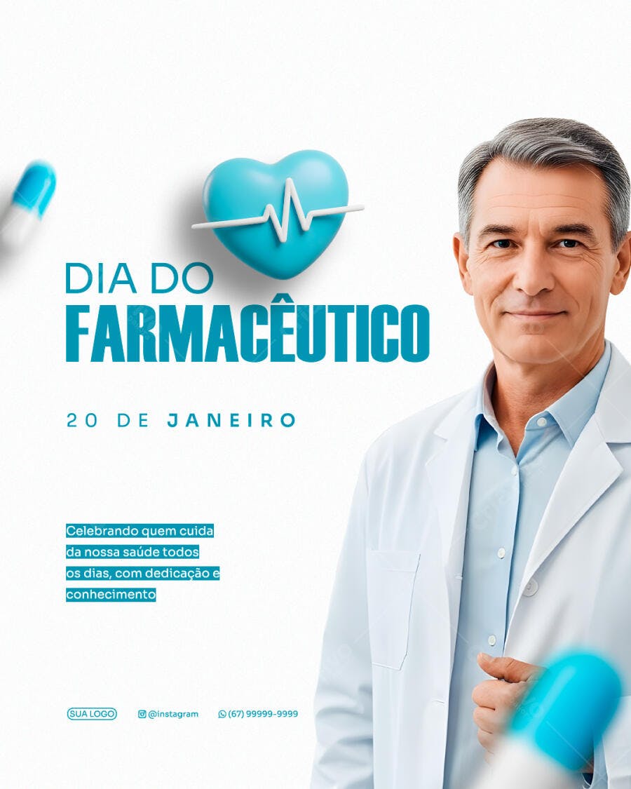 Flyer Dia do Farmacêutico 20 de Janeiro Profissional PSD Editável