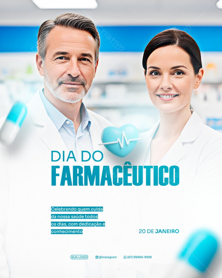 Flyer Dia do Farmacêutico com Profissionais da Saúde e Pílula PSD Editável