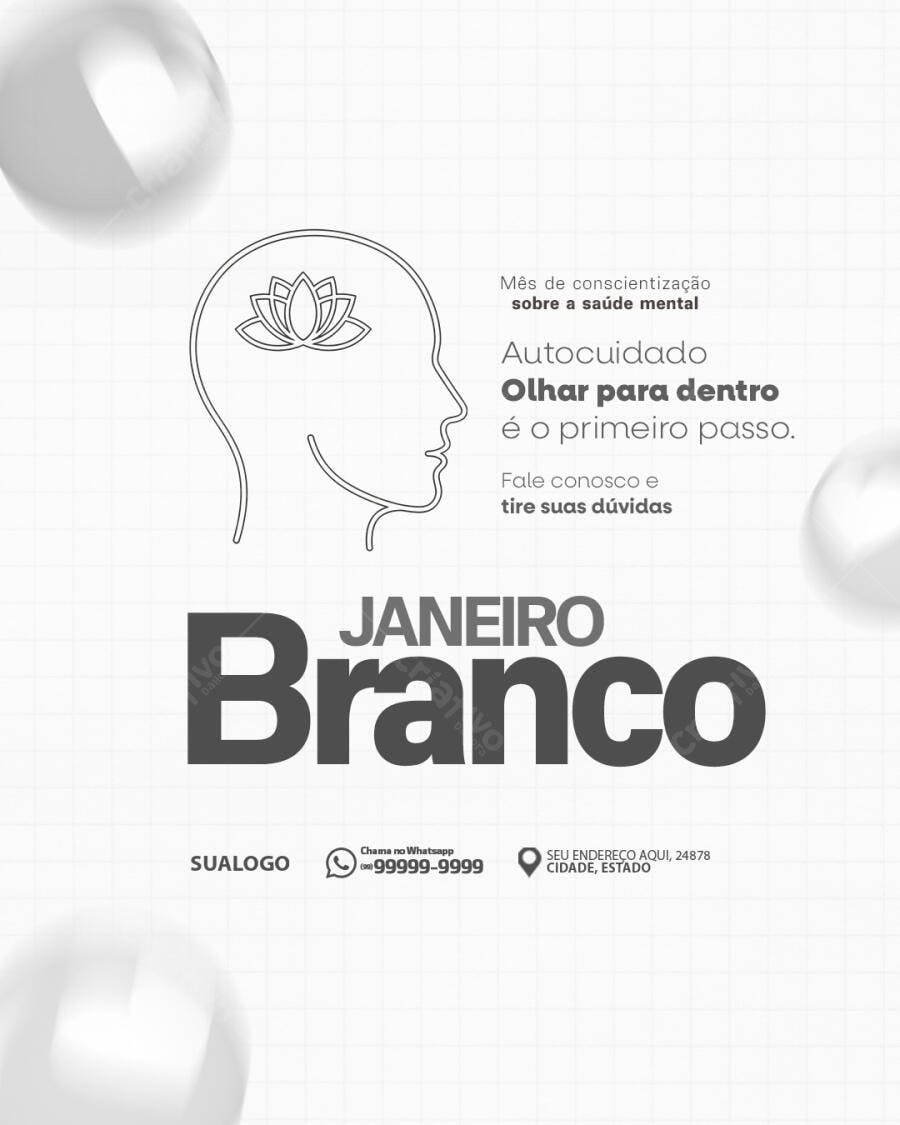 Flyer Janeiro Branco Autocuidado Saúde Mental PSD Editável