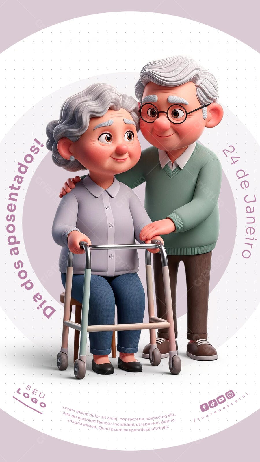 Flyer Dia dos Aposentados 24 de Janeiro Casal Idoso PSD Editável