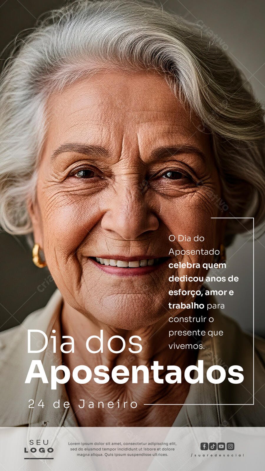 Flyer Homenagem Dia dos Aposentados Mulher Idosa PSD Editável