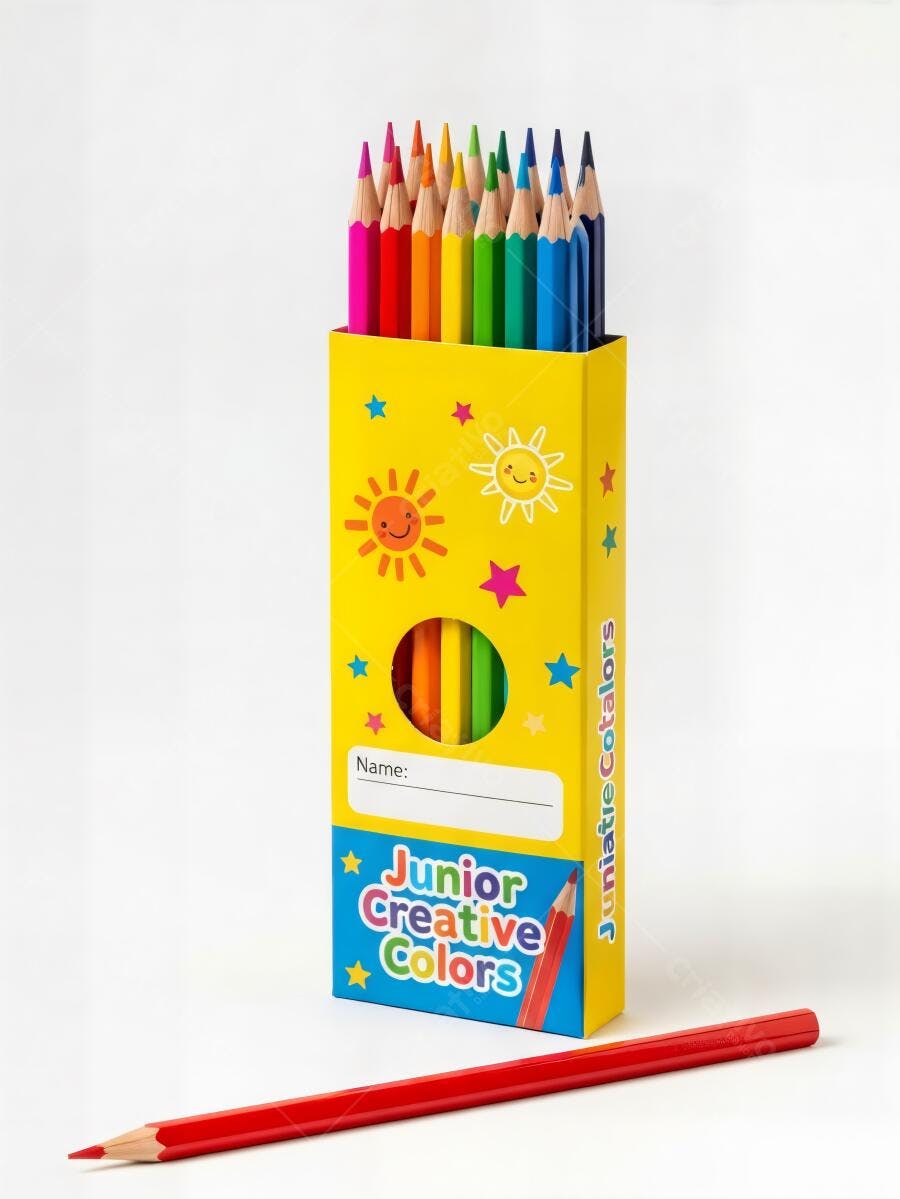 Lápis de cor vibrantes em caixa amarela para arte e escola com lápis vermelho