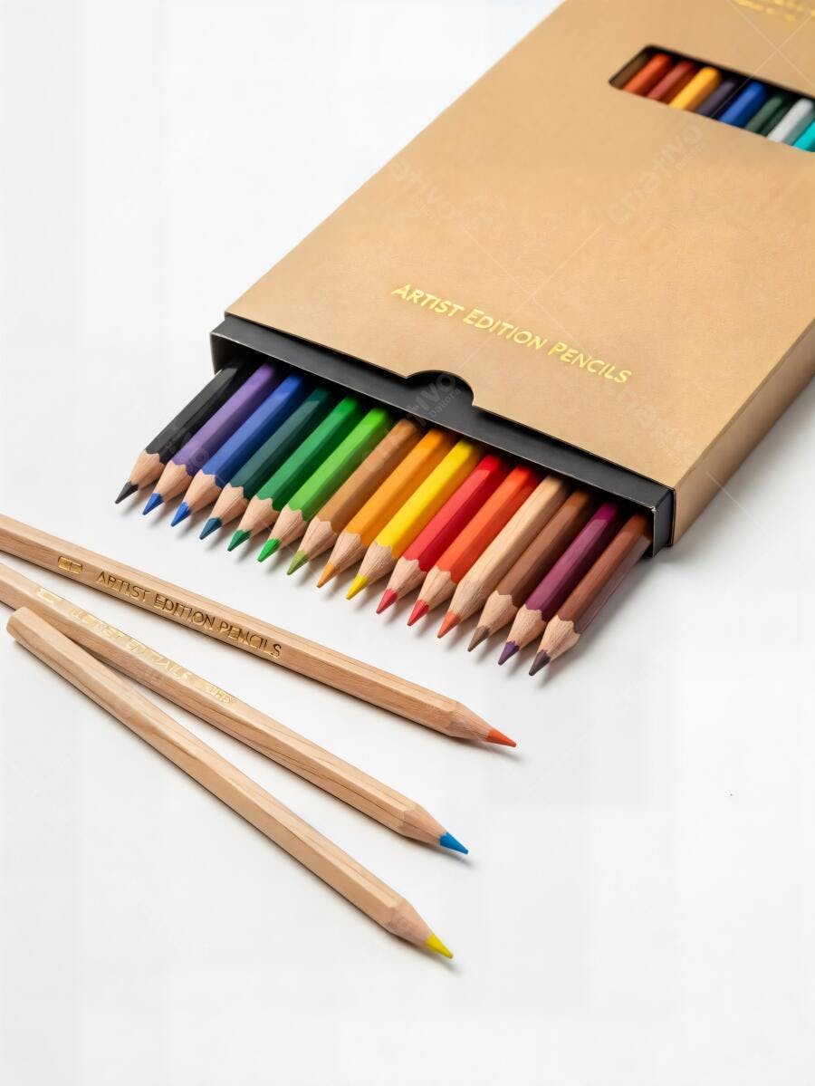 Lápis de cor edição artista em caixa de papel kraft com cores vibrantes