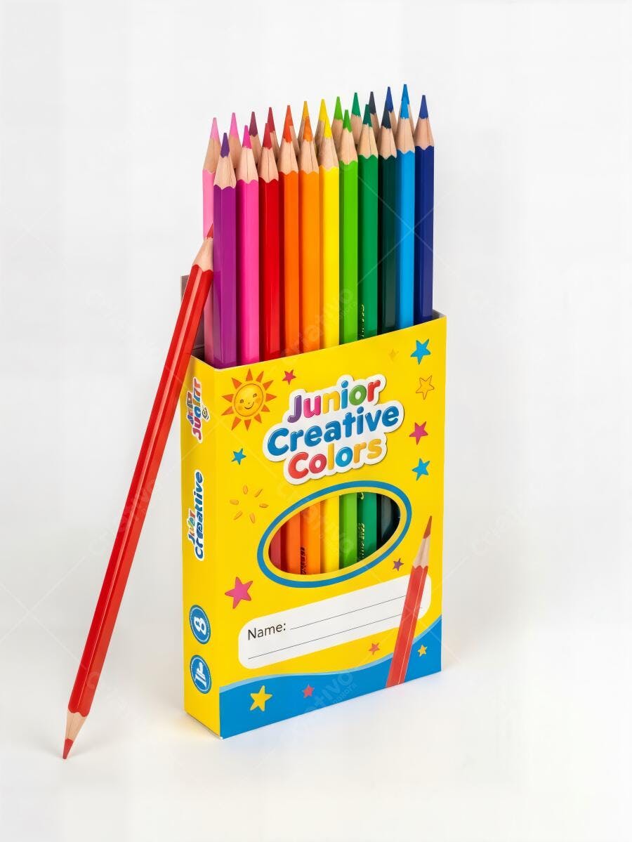 Caixa de lápis de cor coloridos sortidos para arte infantil em fundo branco