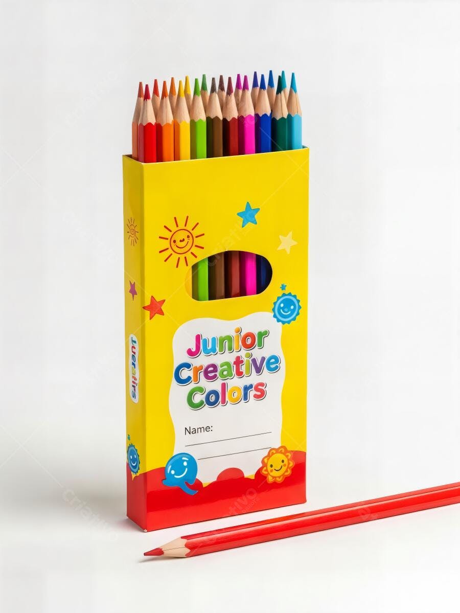 Caixa de lápis de cor coloridos para crianças em fundo branco