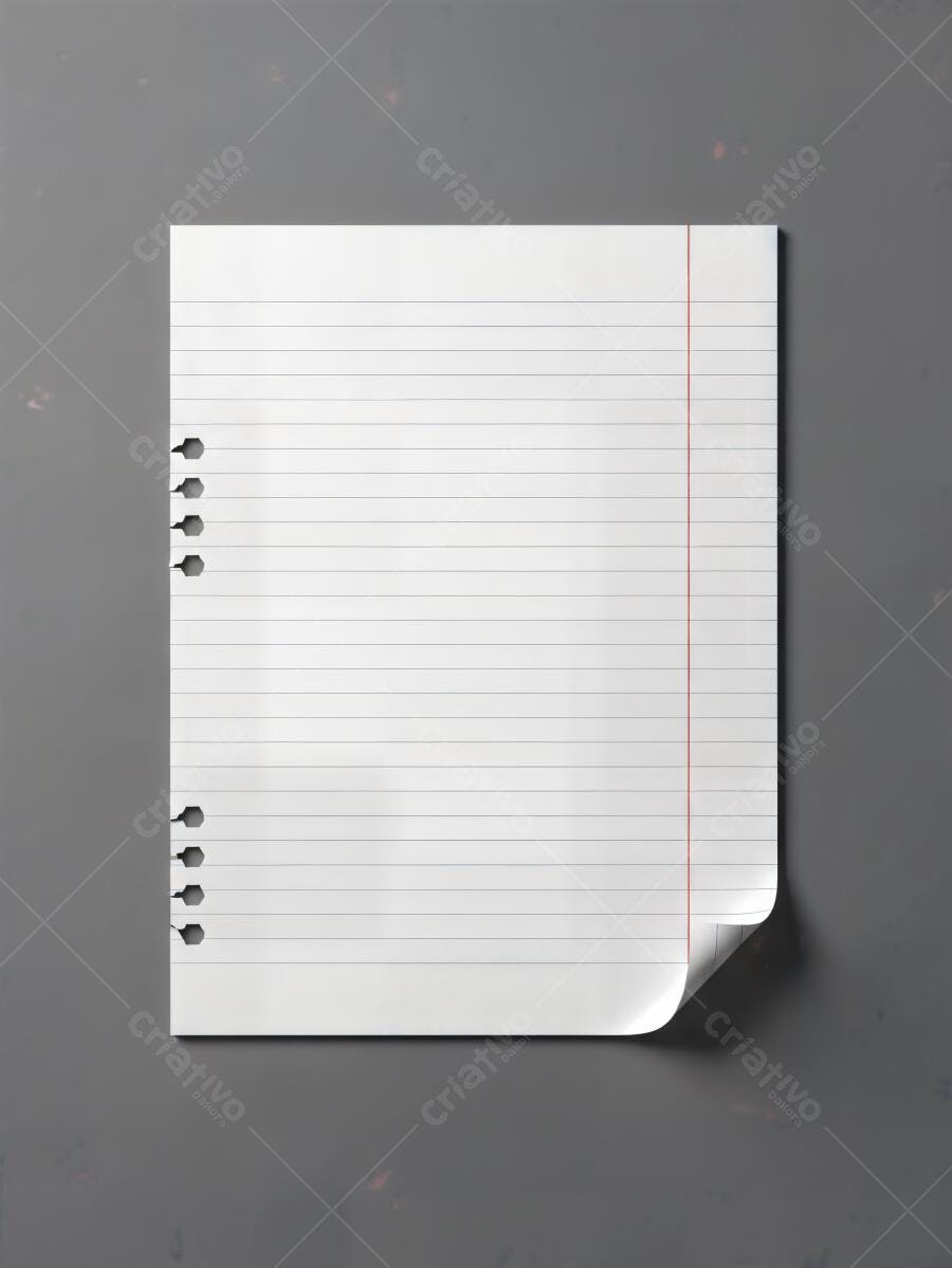 Folha de caderno pautada em branco com furos e canto dobrado sobre mesa cinza escura